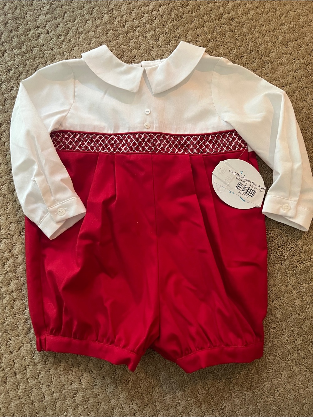 Luli & Me Red Boys Bubble with White Collar and Smocking